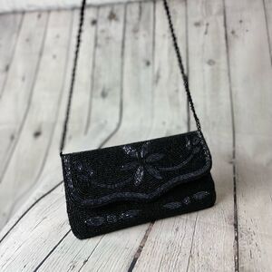 Handmade Fashion Women Clutch with Black Beads, Chain and Zipper Pouch